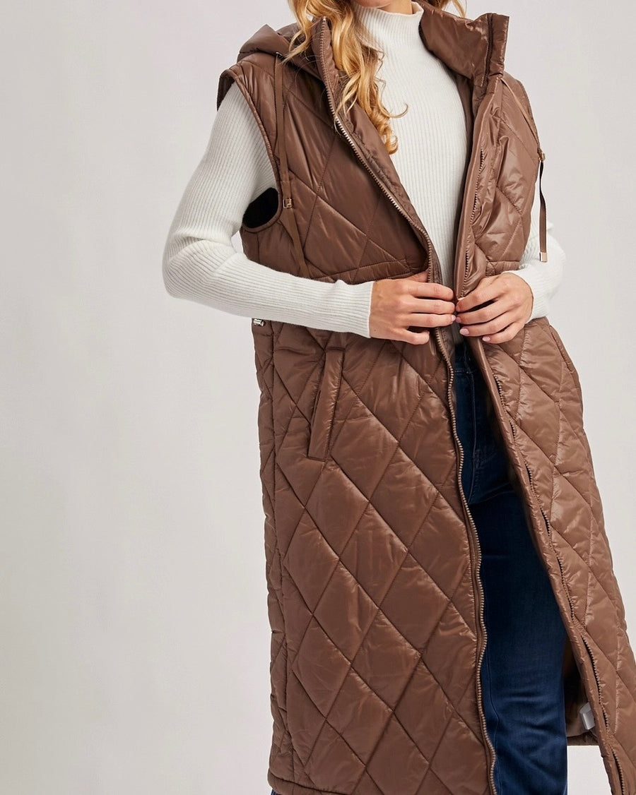 Diamond Quilt Puffer Long-Line Hooded Vest