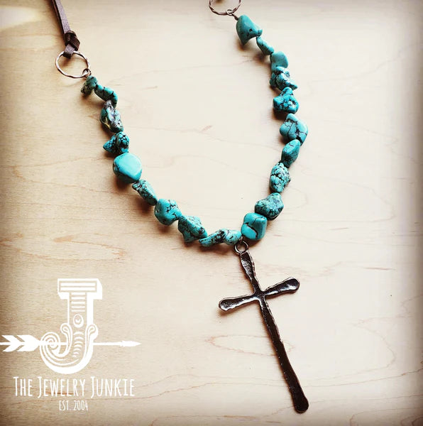 African Turquoise Necklace w/ Copper Cross Pendant