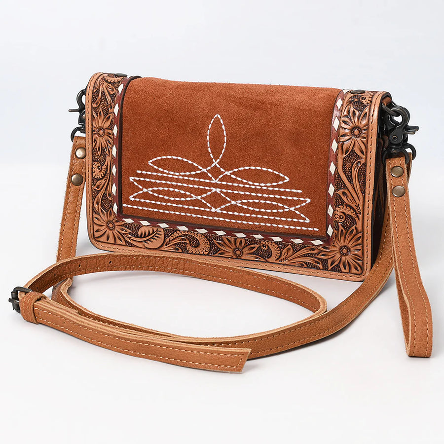 Tan Suede Floral Border Crossbody Bag