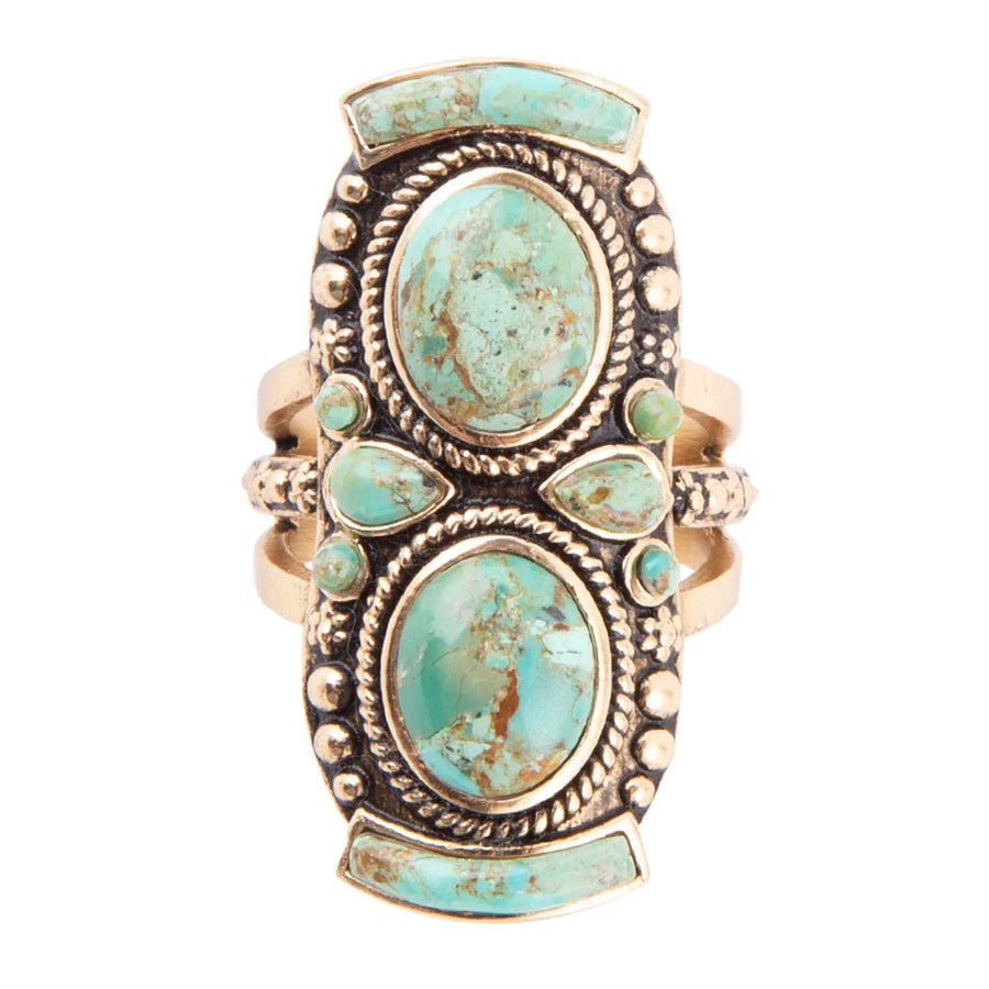 Double Up Blue Turquoise Golden Shield Ring