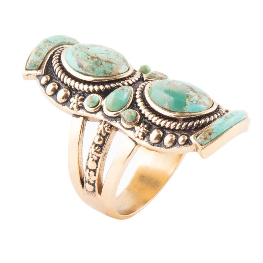 Double Up Blue Turquoise Golden Shield Ring
