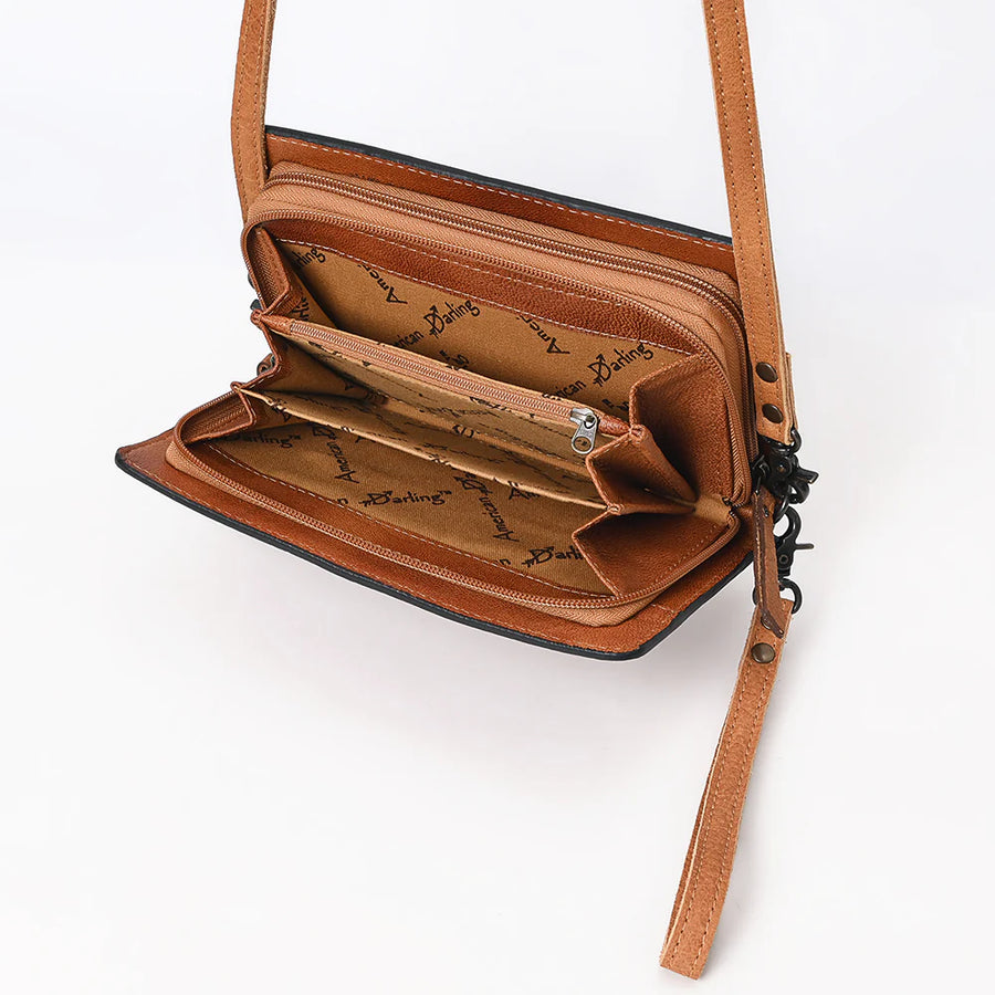 Tan Suede Floral Border Crossbody Bag
