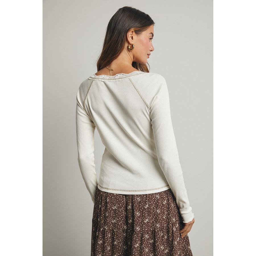 Ribbed Knit Top W/ Scallop Lace Trim