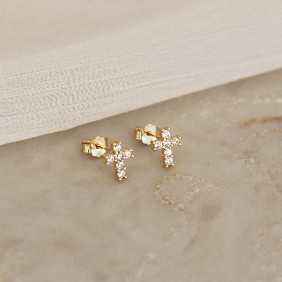 CZ Cross Studs - Gold