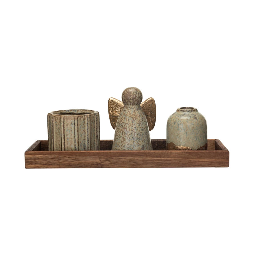 Wood Tray w/ Stoneware Planter, Taper Holder & Angel, Set of 4 (Each One Will Vary)