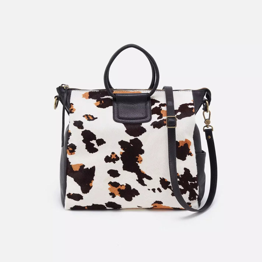 Sheila-Large Satchel, Hair on Hide Cow Print Black and Brown