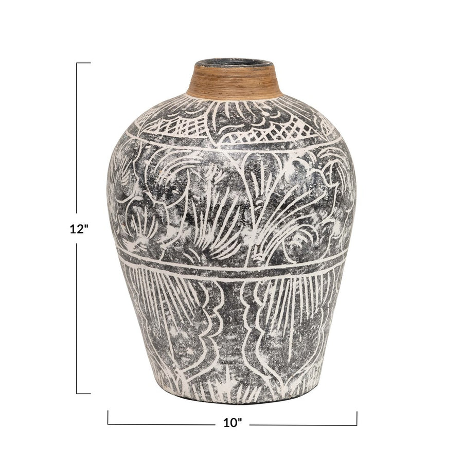 Hand-Painted Terra-cotta Vase w/ Banana Leaf Rim