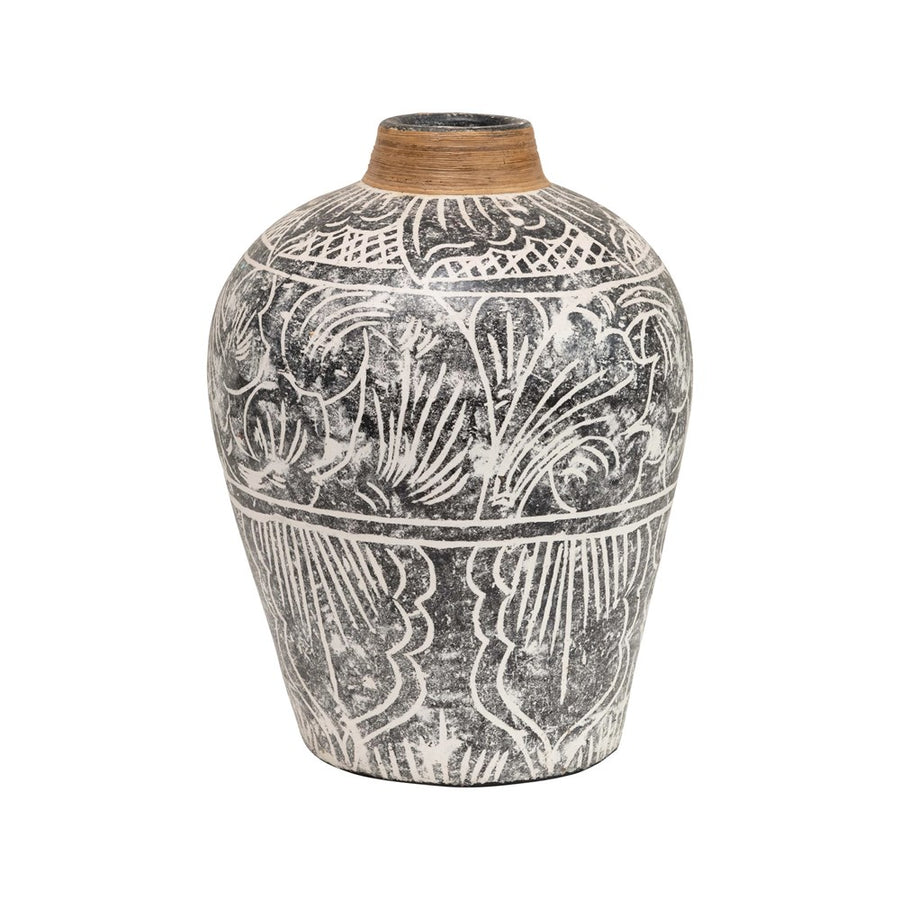 Hand-Painted Terra-cotta Vase w/ Banana Leaf Rim